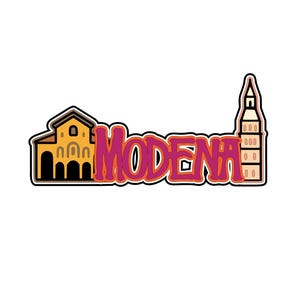 Può includere: Un adesivo con la parola "MODENA" in un carattere stilizzato, accompagnato da illustrazioni di un edificio e una torre. Il testo è rosa con un bordo arancione, su sfondo bianco.