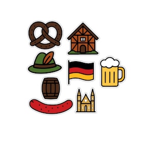 Może przedstawiać: Zestaw kolorowych naklejek w stylu kreskówkowym przedstawiających niemieckie ikony kulturowe. Zawiera precla, tradycyjny dom, kapelusz z piórem, beczkę, kiełbasę, niemiecką flagę, kufel piwa i kościół.