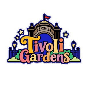 May include: A colorful sticker featuring the text Tivoli Gardens in a retro font. The design includes a dark brown arched gate with a small red and blue flag, yellow stars, two black street lamps, and green bushes against a blue background.