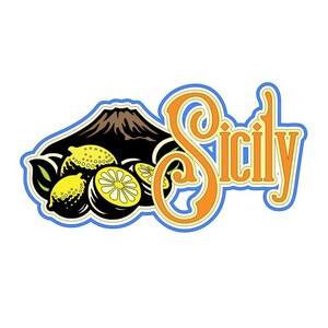 May include: A colorful illustration of lemons and a stylized mountain with the word "Sicily" in a decorative font.