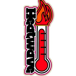 May include: A red thermometer with a black outline and a yellow and orange flame on top. The word "Heatwave" is written vertically in black letters on the left side of the thermometer.