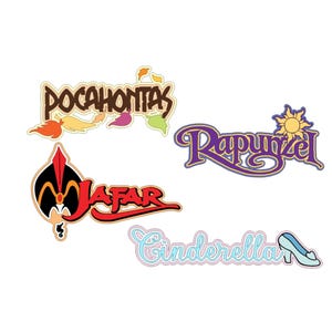 May include: Four colorful logos featuring the names "Pocahontas", "Jafar", "Rapunzel", and "Cinderella". The "Pocahontas" logo is brown with colorful leaf accents. "Jafar" is red and black. "Rapunzel" is purple with a sun. "Cinderella" is light blue.