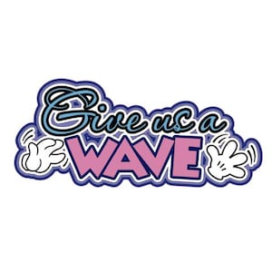 Może przedstawiać: Grafika w kolorze niebieskim i różowym z tekstem "Give us a WAVE" w kreskówkowym stylu czcionki. Po obu stronach tekstu znajdują się dwie białe kreskówkowe dłonie z wyciągniętymi palcami.