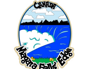 May include: A colorful illustration of Niagara Falls with the text "Canada" and "Niagara Falls Edge" in a circular frame.