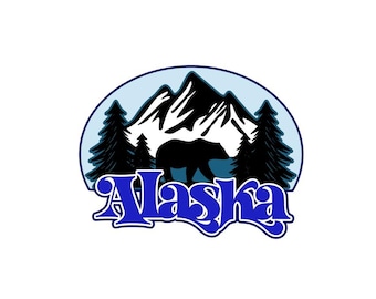 May include: A blue and white logo with a black silhouette of a mountain range and a bear in front of it. The text "Alaska" is in a blue, stylized font.
