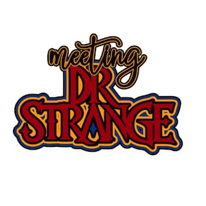 Peut inclure: Un design graphique présentant le texte meeting DR STRANGE dans une police stylisée. Le mot meeting est en noir, tandis que DR STRANGE est en rouge foncé avec d'épais contours jaunes et bleu foncé, créant un aspect superposé, audacieux et coloré.