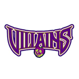 May include: A graphic design featuring the word "VILLAINS" in purple with gold trim, set against a white background. A cartoon apple with a skull face is below the word.