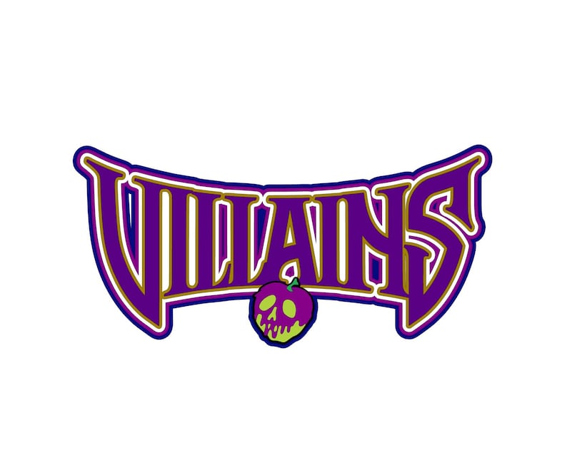 May include: A graphic design featuring the word "VILLAINS" in purple with gold trim, set against a white background. A cartoon apple with a skull face is below the word.