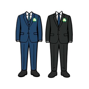 May include: Two men in suits, one wearing a dark blue suit and the other wearing a black suit. Both suits have a white shirt, a green tie, and a white flower on the lapel.