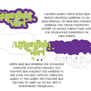 May include: Digital design elements featuring the text "Amphibia Vert" in green and white, with a purple outline. Additional text describes the files as user-friendly and suitable for scrapbooks and sublimation.