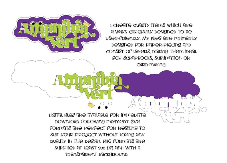May include: Digital design elements featuring the text "Amphibia Vert" in green and white, with a purple outline. Additional text describes the files as user-friendly and suitable for scrapbooks and sublimation.