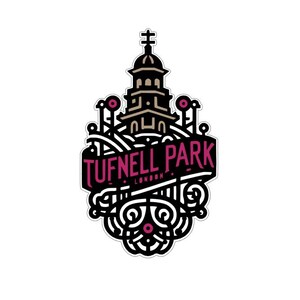 May include: Black and white illustration of a building with a cross on top, surrounded by stylized floral designs. The text "TUFNELL PARK LONDON" is written in a banner above the building.