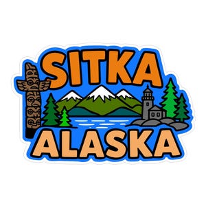 May include: A sticker featuring the word "SITKA" in orange letters above "ALASKA" in blue. The design includes a totem pole, mountains, trees, a lighthouse, and water, all outlined in black and white.