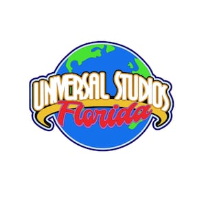 May include: A logo for Universal Studios Florida, featuring a blue globe with green continents. The words "UNIVERSAL STUDIOS" are in a stylized font above "Florida" in red script, all outlined in white and yellow.