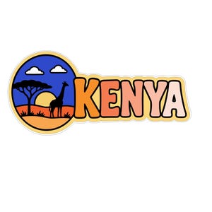 May include: A sticker featuring a circular graphic of a giraffe standing on a savanna with a yellow sun, blue sky, and white clouds. To the right of the circle, the word KENYA is written in large, bold, orange and peach-colored letters.