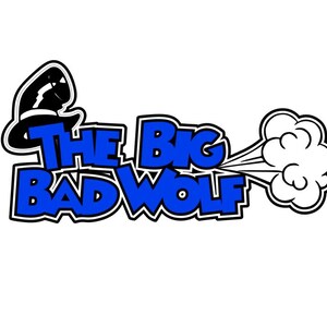 May include: A blue and black cartoon illustration of a wolf wearing a hat with the text "The Big Bad Wolf".