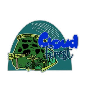 May include: A colorful graphic featuring the words "Cloud Forest" in blue and teal. The design includes a green mountain with a yellow roller coaster, palm trees, and a maze in the background. The overall theme is nature and adventure.