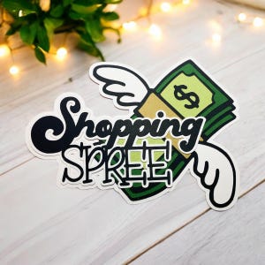 Titolo della pagina Shopping Spree, abbellimento con fustella per album di ritagli, completamente assemblato con cartoncino di qualità a strati