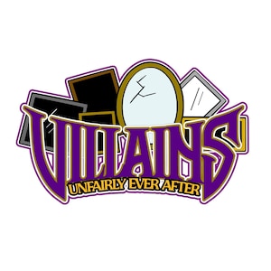May include: A logo design featuring the word "VILLAINS" in purple, outlined in gold, with the phrase "UNFAIRLY EVER AFTER" below. The design includes stylized mirrors and a cracked oval mirror.