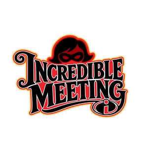 Puede incluir: Un logotipo gráfico que presenta el texto INCREDIBLE MEETING en letras negras en negrita con un contorno rojo. Sobre el texto hay una silueta negra de una figura enmascarada. La letra i en MEETING está estilizada con un punto rojo.