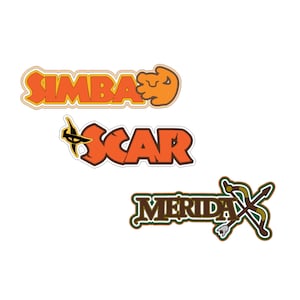 May include: Three colorful sticker designs on a white background. The stickers feature the names "Simba", "Scar", and "Merida" in bold, stylized fonts, each with unique accompanying graphics. The Simba sticker has an orange lion head.