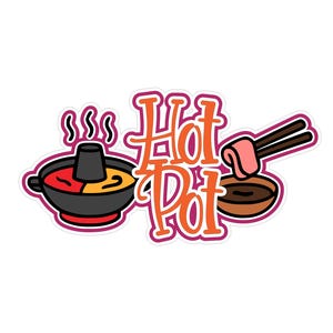 Peut inclure: Autocollant avec un design de fondue chinoise. L'image comprend une marmite divisée avec un bouillon rouge et jaune, de la vapeur et les mots "Hot Pot" en orange et blanc. Des baguettes tiennent un morceau de viande au-dessus d'un petit bol.