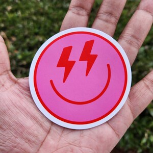 Pink and Red Lightning Bolt Face Sticker for Water Bottles and Hydroflask. Laptop Decal. Aesthetic Stickers.