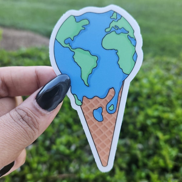 Melting Earth Ice Cream Cone - Climate Conscious Art for Your Gear. Climate Change Sticker for Water Bottles, Notebooks and Laptops.