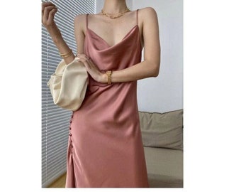 Satin Cowl Neck Midi Dress Side Button Embellished Trim