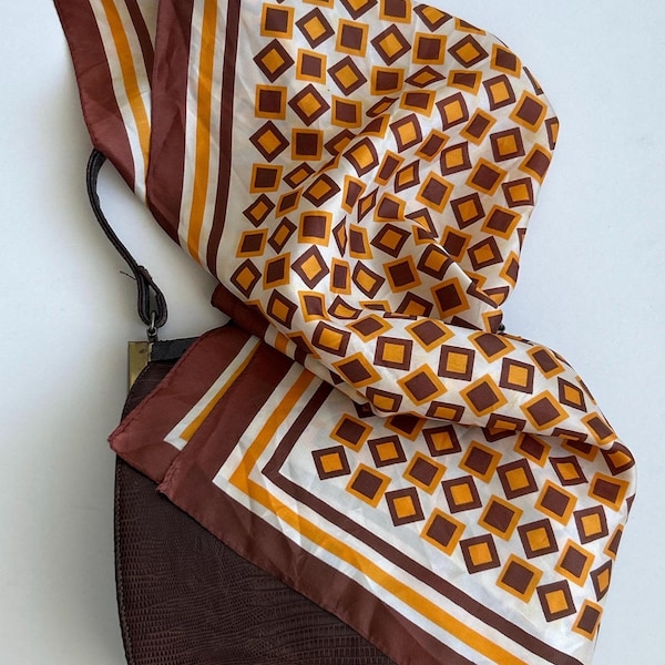 Vintage 1960s 70s Scarf, Mod Geometric, Brown, Tan, Golden, Sm 21x21"