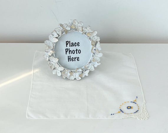 Vintage Set: Hankie Scarf, Butterfly Picture Frame, Bedroom Decor