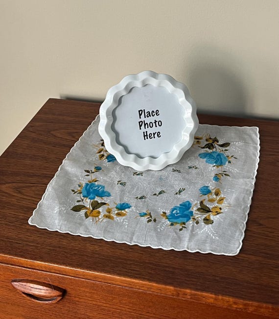 Vintage Set: Hankie Scarf, Picture Frame, Blue Hand Painted Floral Linen