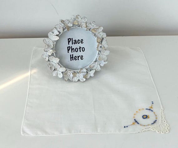 Vintage Set: Hankie Scarf, Butterfly Picture Frame, Bedroom Decor View 6