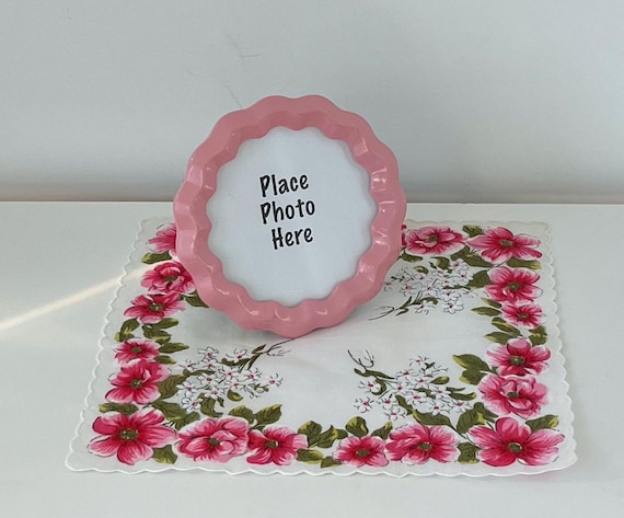 Vintage Set: Hankie Scarf, Picture Frame, Pink, White, Bedroom Decor