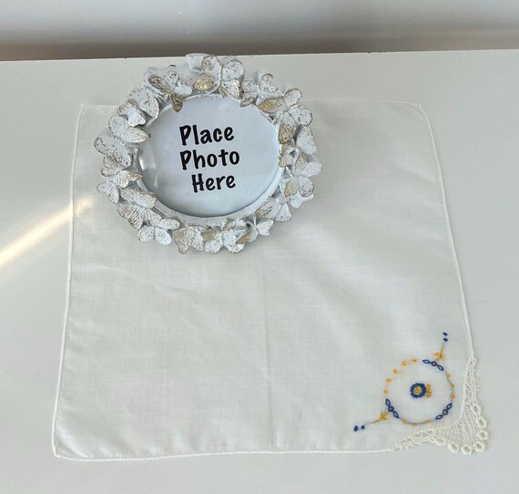 Vintage Set: Hankie Scarf, Butterfly Picture Frame, Bedroom Decor View 2