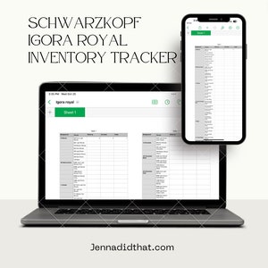 May include: A laptop computer displaying a spreadsheet with the title "Igora Royal Inventory Tracker". The spreadsheet is divided into two columns, one for "Natural" and one for "Chocolate". Each column lists different shades of hair colour with corresponding numbers.