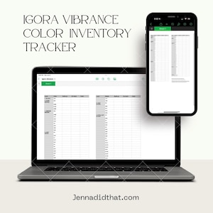 May include: A laptop and smartphone display a colour inventory tracker. The laptop screen shows a spreadsheet with colour levels and data fields. The smartphone mirrors the spreadsheet. Text at the top reads "IGORA VIBRANCE COLOUR INVENTORY TRACKER."