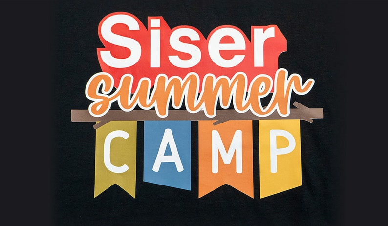 May include: A black t-shirt with a colorful summer camp logo. The logo features the words "Siser Summer Camp" with the word "Summer" in orange and the word "Camp" in colorful pennants.