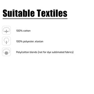 May include: A graphic showing suitable textiles for printing. The graphic shows three icons representing 100% cotton, 100% polyester, elastan, and poly/cotton blends. The text states that poly/cotton blends are not suitable for dye sublimated fabrics.