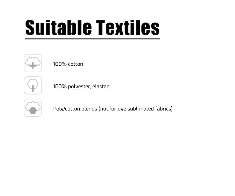 May include: A graphic showing suitable textiles for printing. The graphic shows three icons representing 100% cotton, 100% polyester, elastan, and poly/cotton blends. The text states that poly/cotton blends are not suitable for dye sublimated fabrics.
