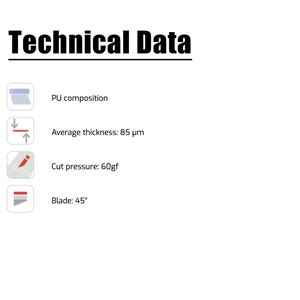 May include: Technical data for a material, showing its composition, average thickness of 85 micrometers, cut pressure of 60gf, and blade angle of 45 degrees.