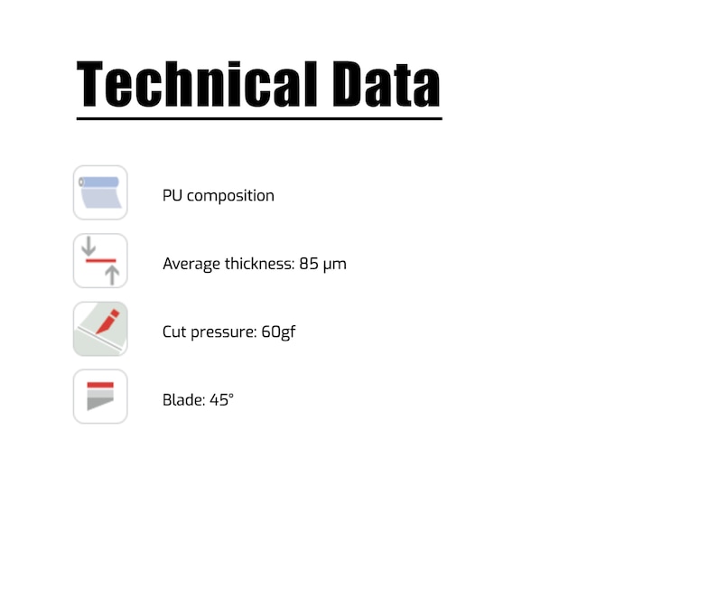 May include: Technical data for a material, showing its composition, average thickness of 85 micrometers, cut pressure of 60gf, and blade angle of 45 degrees.
