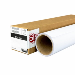 Könnte beinhalten: Eine Rolle weißes Siser S-Print 20" Vinyl, verpackt in einem braunen Karton. Der Karton trägt das Siser-Logo und den Text "20" S-Print" aufgedruckt.
