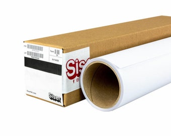 May include: A white roll of vinyl adhesive backed heat transfer vinyl on a cardboard tube. The tube is inside a brown cardboard box with the Siser logo and the text "Siser" printed on the side of the box.
