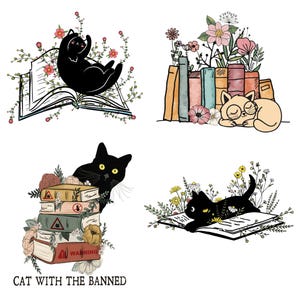 Könnte beinhalten: Eine Sammlung skurriler Illustrationen mit Katzen und Büchern. Ein Bild zeigt eine schwarze Katze, die auf einem offenen Buch liegt, umgeben von Blumen. Ein anderes zeigt eine Katze, die in der Nähe eines Stapels von Büchern und Blumen schläft. Der Text "CAT WITH THE BANNED" steht unten.