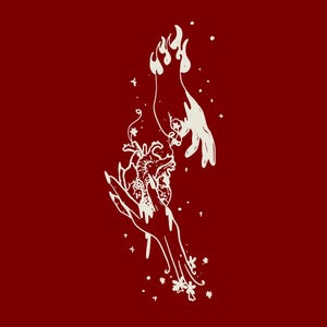 Könnte beinhalten: Digitale Illustration auf rotem Hintergrund. Das Kunstwerk zeigt zwei Hände, eine, die ein brennendes Herz hält, und die andere, die danach greift. Hände und Herz sind weiß, mit floralen und sternartigen Details.