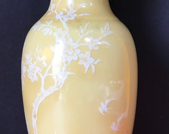 Chinese Art Deco Porcelain Vase: Prunus Branches, Exotic Birds