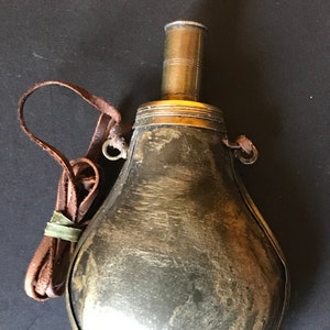 18th Century Leather & Metal Black Powder Horn Flask - English Firearm Accessory