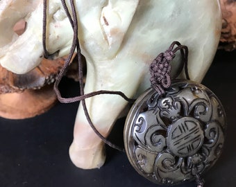 Antique Chinese Brown Jade Necklace with Silk Cording