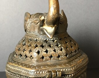 Rare Brass Jali Jewelry Box: Elephant & Pierced Floral Motif